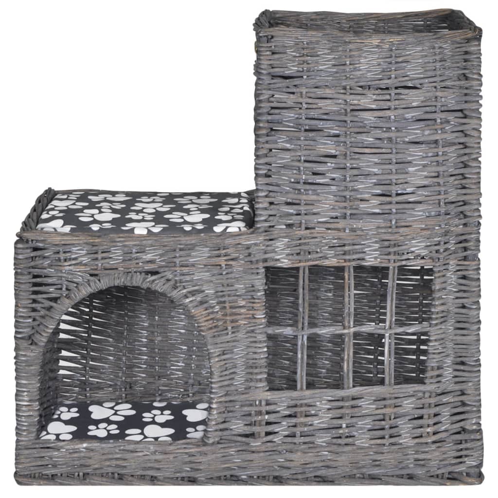 Cat house/bed/scratching post combination, with cushion, wicker