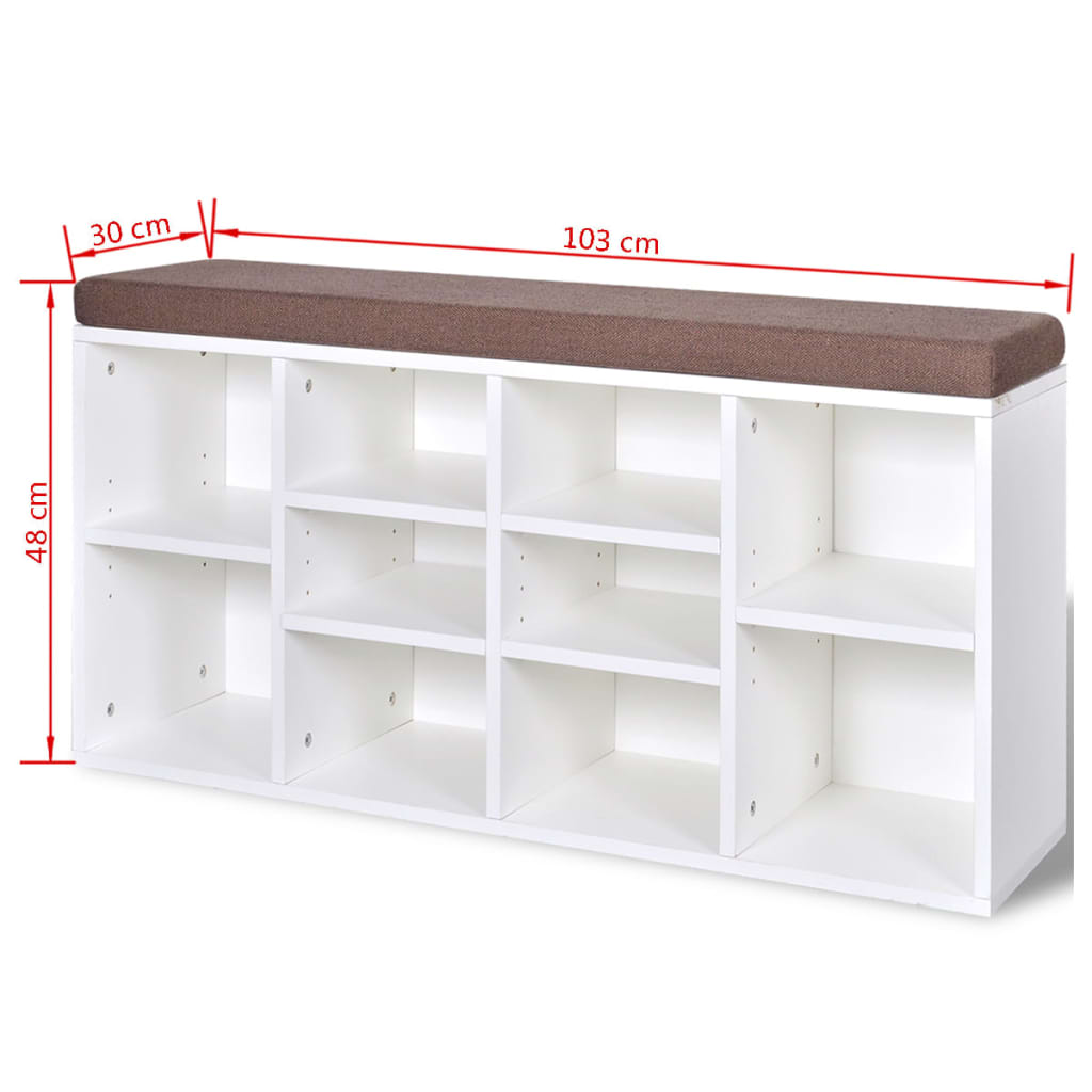 Shoe storage bench, 10 compartments, white