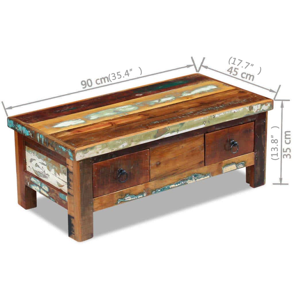 Coffee table with drawers, 90x45x35 cm, solid recycled wood