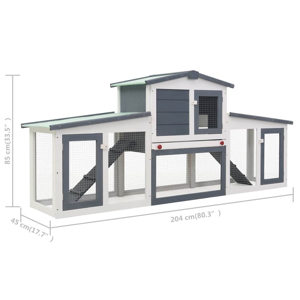 Large outdoor rabbit cage, gray and white, 204x45x85 cm, wood