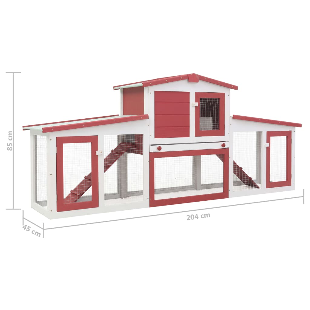 Large outdoor cage for rabbits, red and white, 204x45x85 cm, wood