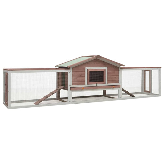 Rabbit cage, brown, 310x70x87 cm, solid pine &amp; fir wood