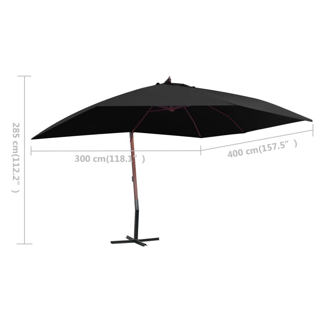 Umbrelă suspendată cu stâlp din lemn, negru, 400 x 300 cm