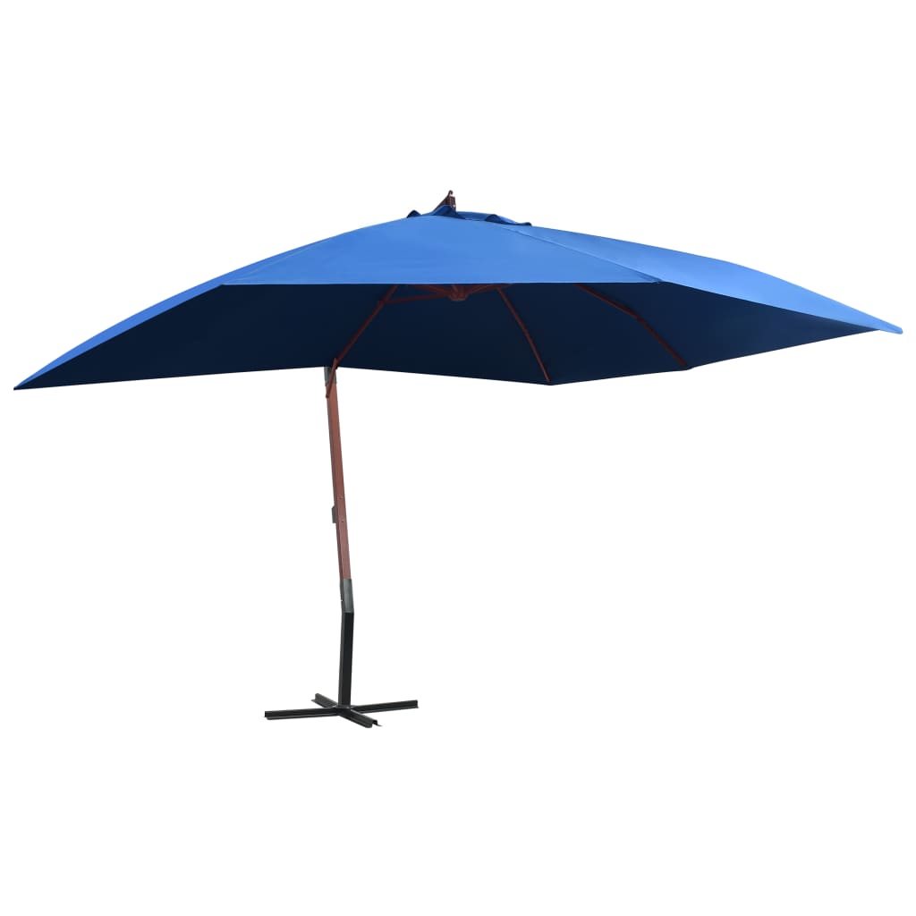 Umbrelă de soare suspendată, stâlp lemn, albastru, 400 x 300 cm