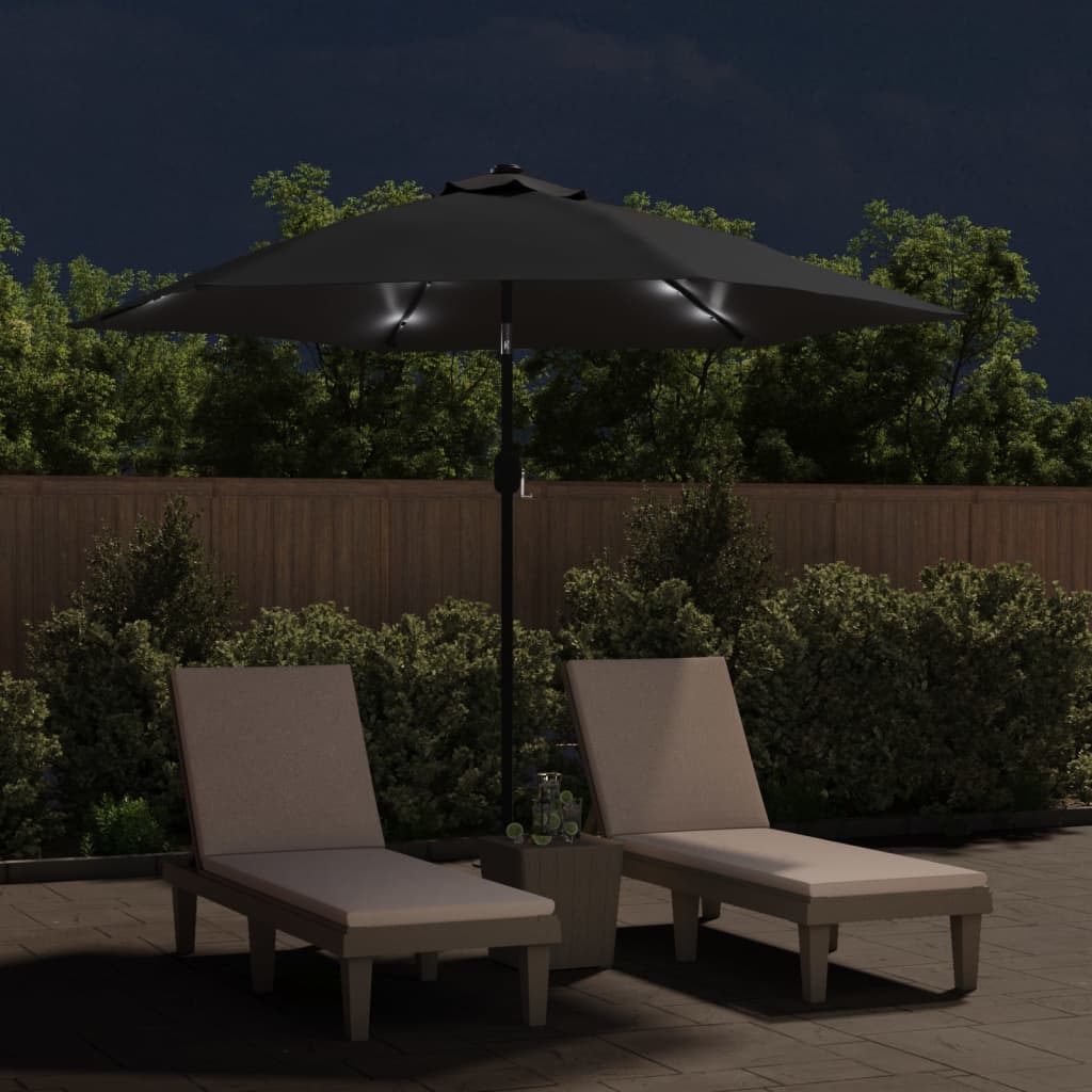 Umbrelă de soare exterior, LED-uri și stâlp oțel, negru, 300 cm