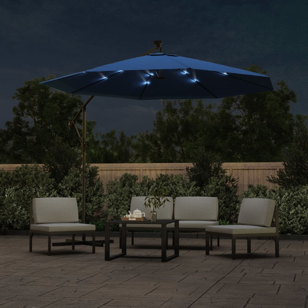 Umbrelă în consolă cu LED, stâlp din oțel albastru azur 300 cm