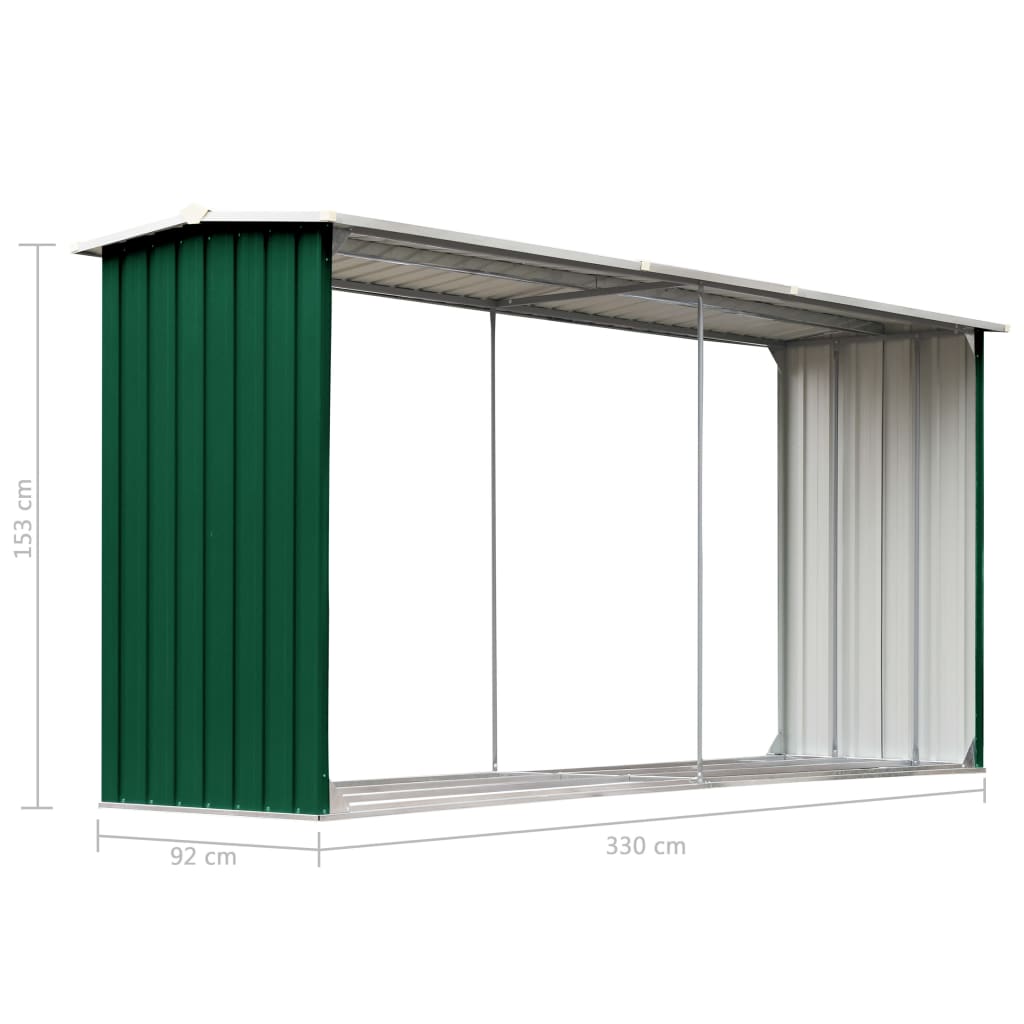 Șopron depozitare lemne, verde, 330x92x153 cm, oțel galvanizat