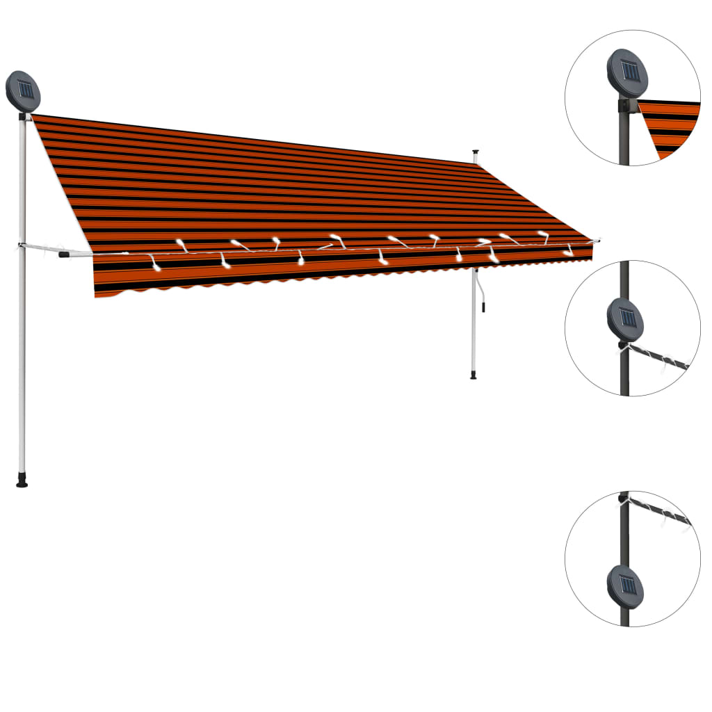 Copertină retractabilă manual cu LED, portocaliu & maro, 400 cm