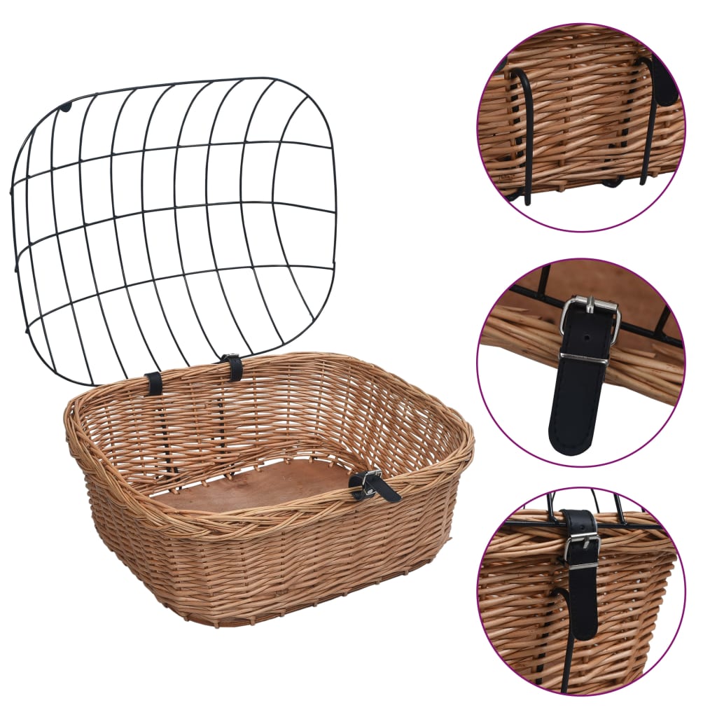 Front bicycle basket with lid, 50x45x35 cm, natural willow