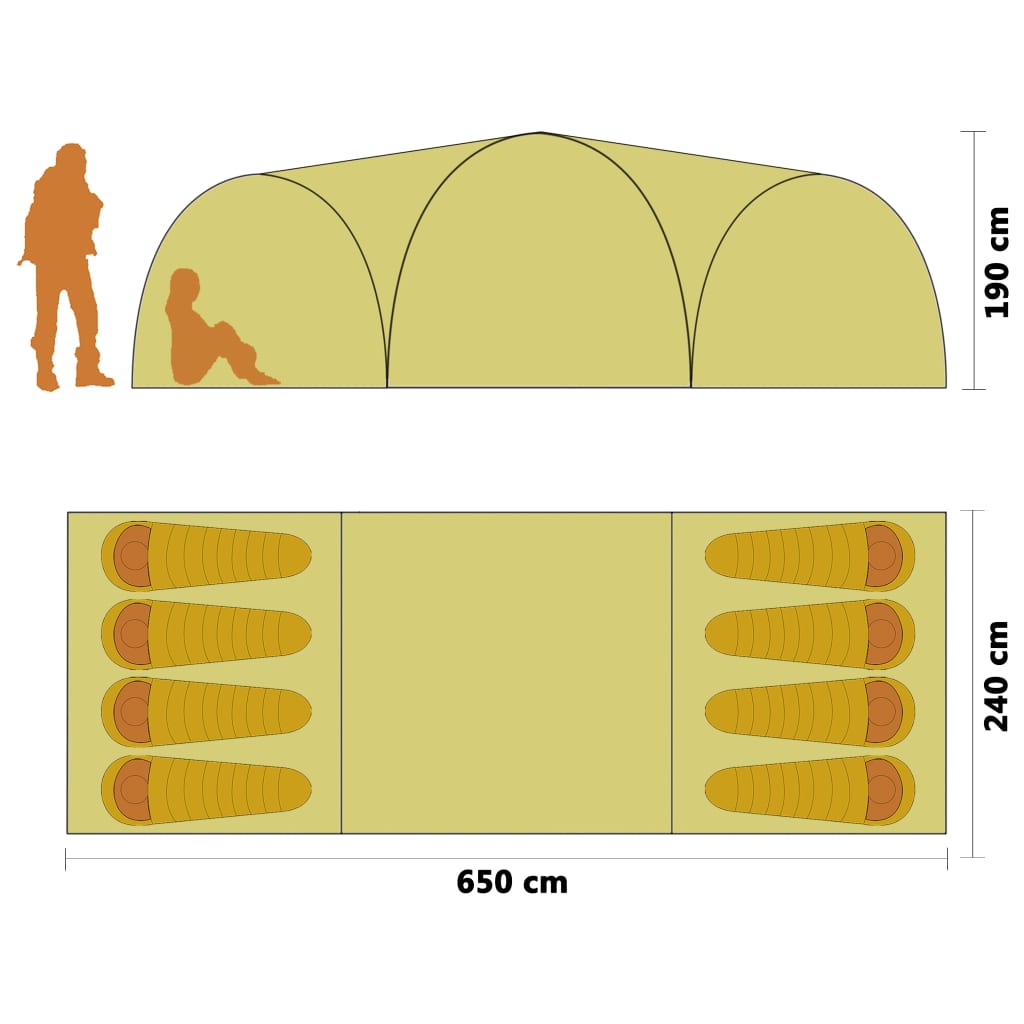 Igloo camping tent, 8 people, green, 650x240x190 cm
