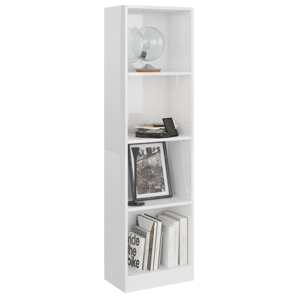 Bibliotecă 4 rafturi, alb lucios, 40x24x142 cm, lemn prelucrat