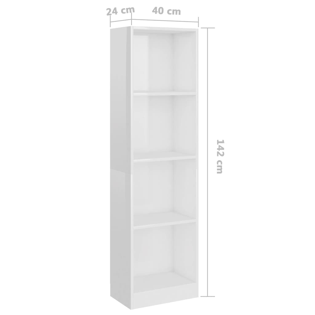 Bibliotecă 4 rafturi, alb lucios, 40x24x142 cm, lemn prelucrat