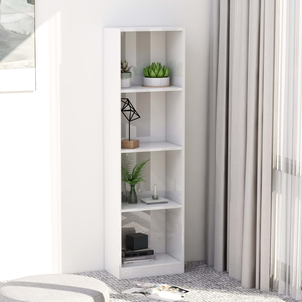 Bibliotecă 4 rafturi, alb lucios, 40x24x142 cm, lemn prelucrat