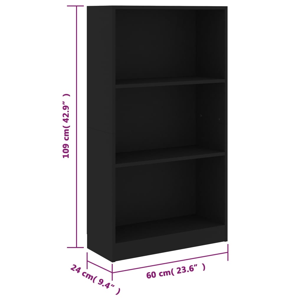 Bibliotecă cu 3 rafturi, negru, 60x24x109 cm, lemn compozit