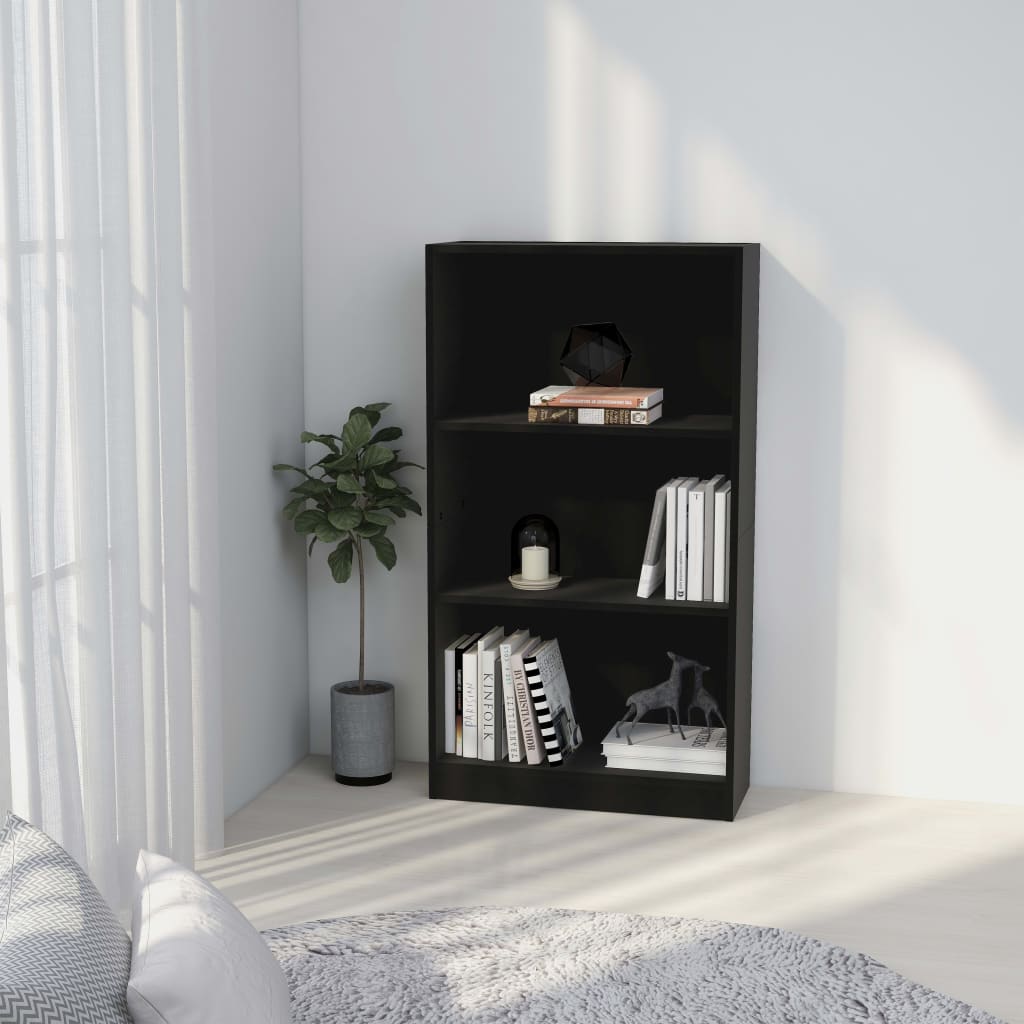 Bibliotecă cu 3 rafturi, negru, 60x24x109 cm, lemn compozit
