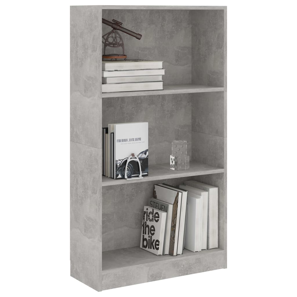Bibliotecă cu 3 rafturi, gri beton, 60x24x109 cm, lemn compozit