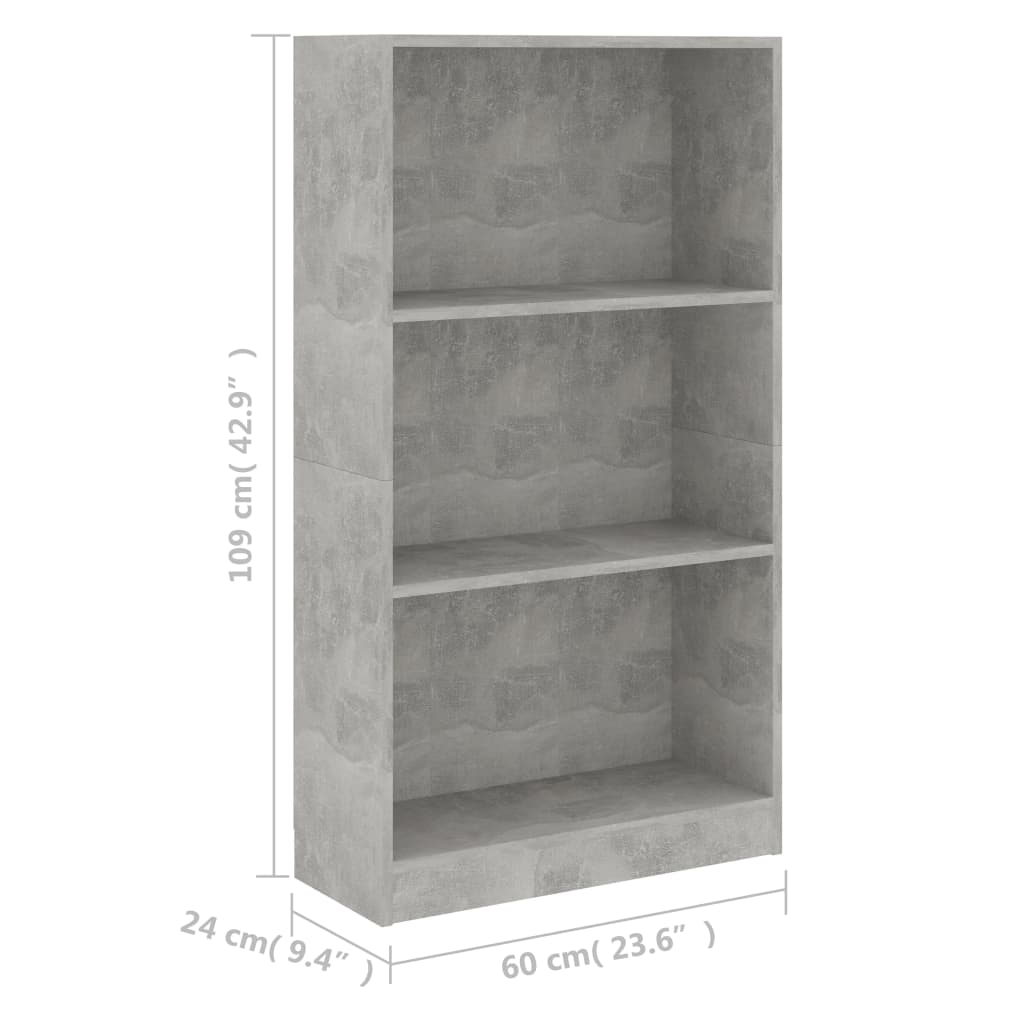 Bibliotecă cu 3 rafturi, gri beton, 60x24x109 cm, lemn compozit