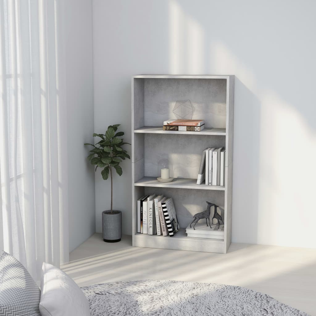 Bibliotecă cu 3 rafturi, gri beton, 60x24x109 cm, lemn compozit