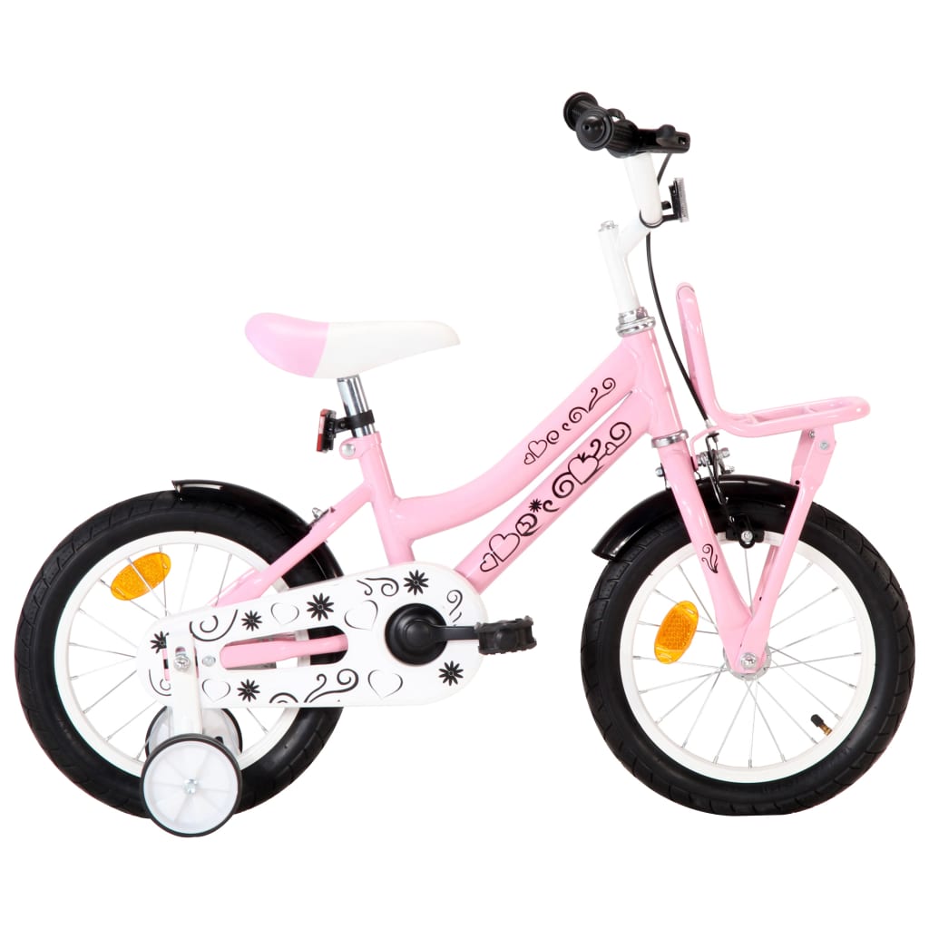 Children's bicycle with front support, white and pink, 14 inches