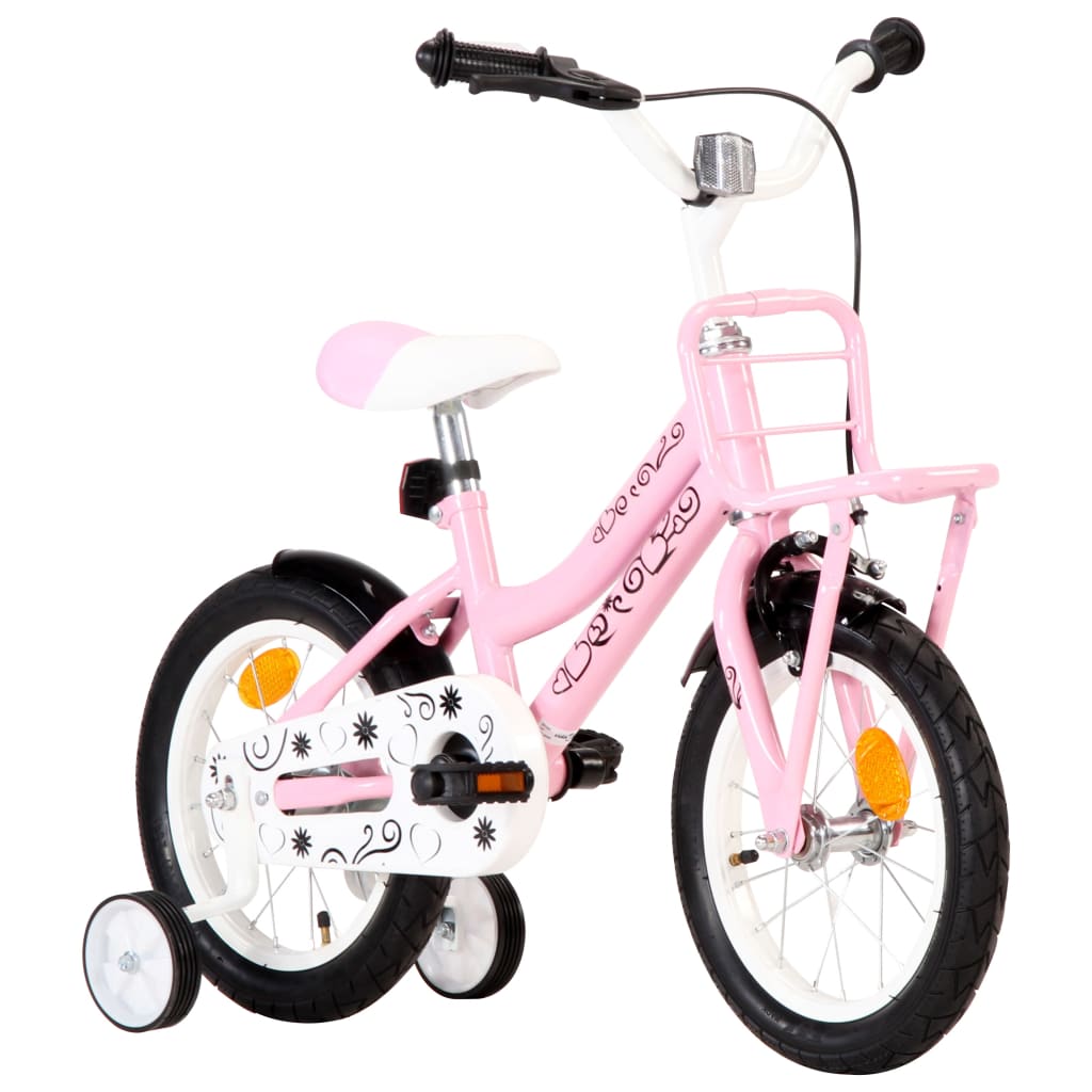 Children's bicycle with front support, white and pink, 14 inches