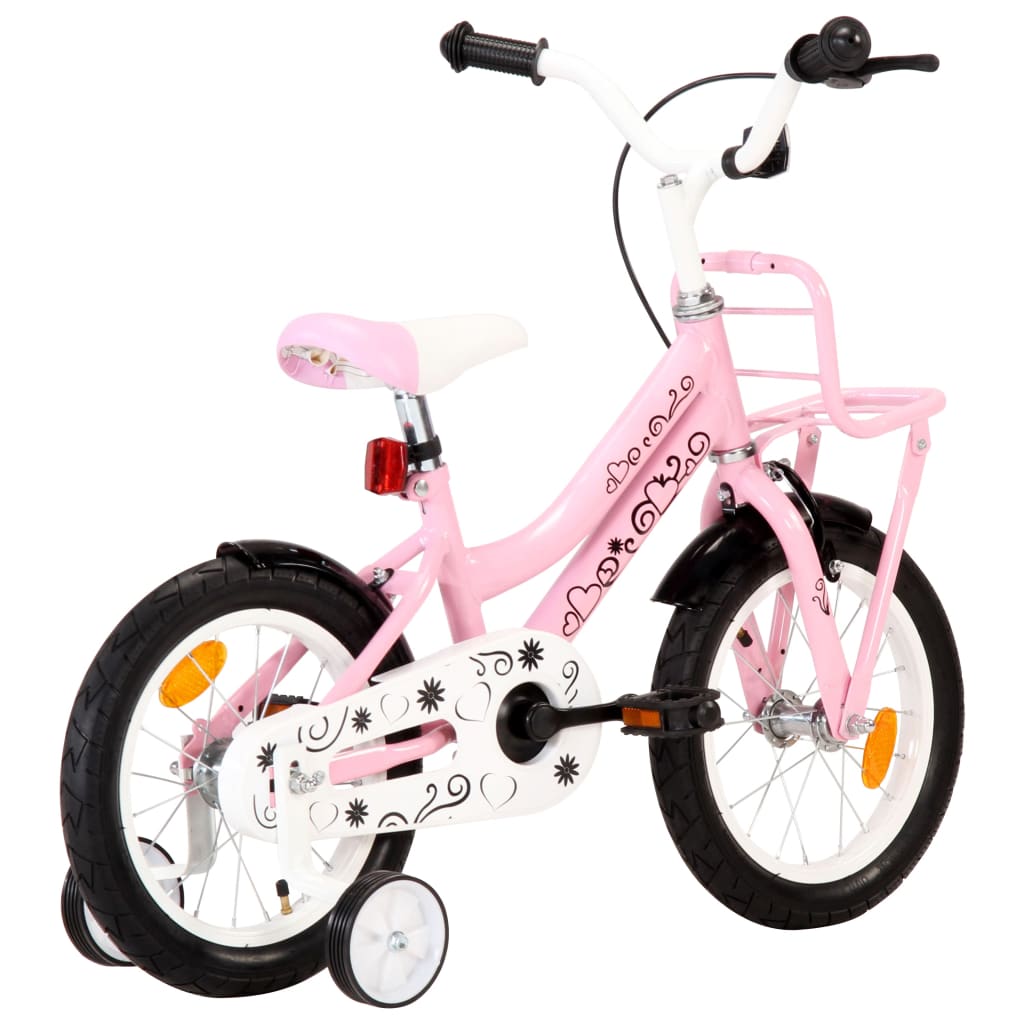 Children's bicycle with front support, white and pink, 14 inches