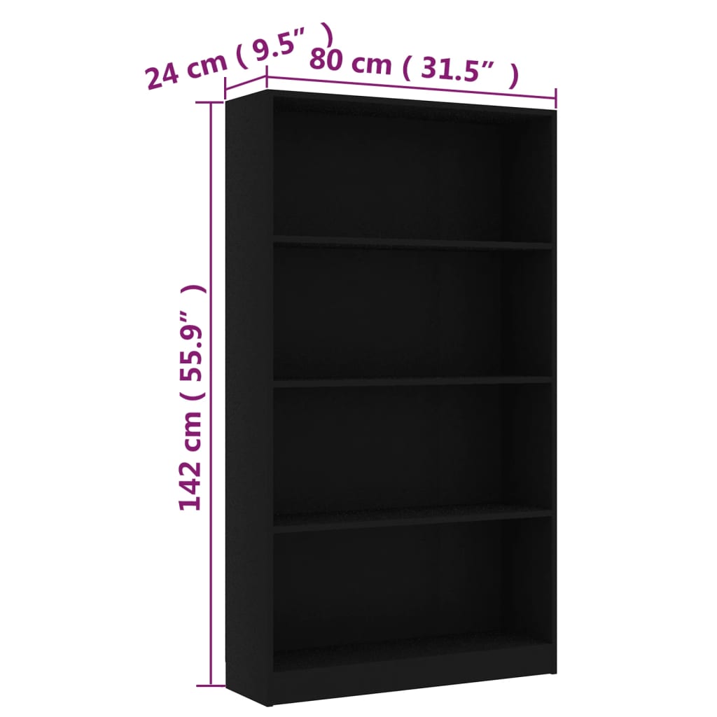 Bookcase with 4 shelves, black, 80x24x142 cm, chipboard