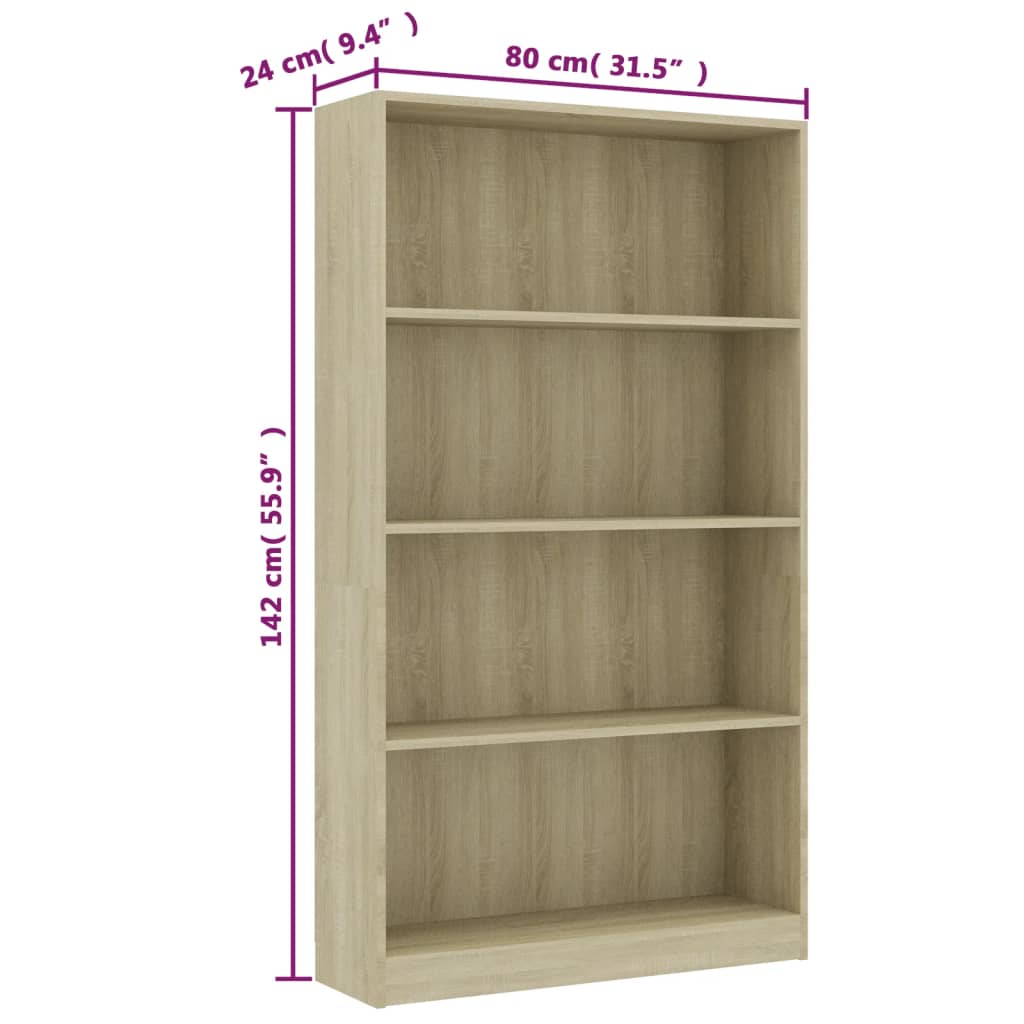 Bookcase with 4 shelves, Sonoma oak, 80 x 24 x 142 cm, Chipboard