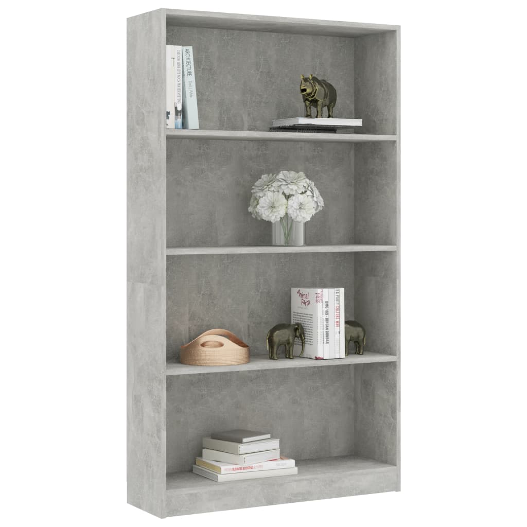Bibliotecă cu 4 rafturi gri beton, 80x24x142 cm, lemn prelucrat