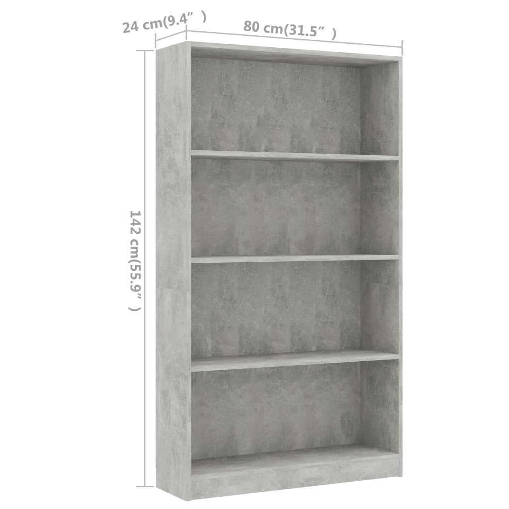 Bibliotecă cu 4 rafturi gri beton, 80x24x142 cm, lemn prelucrat