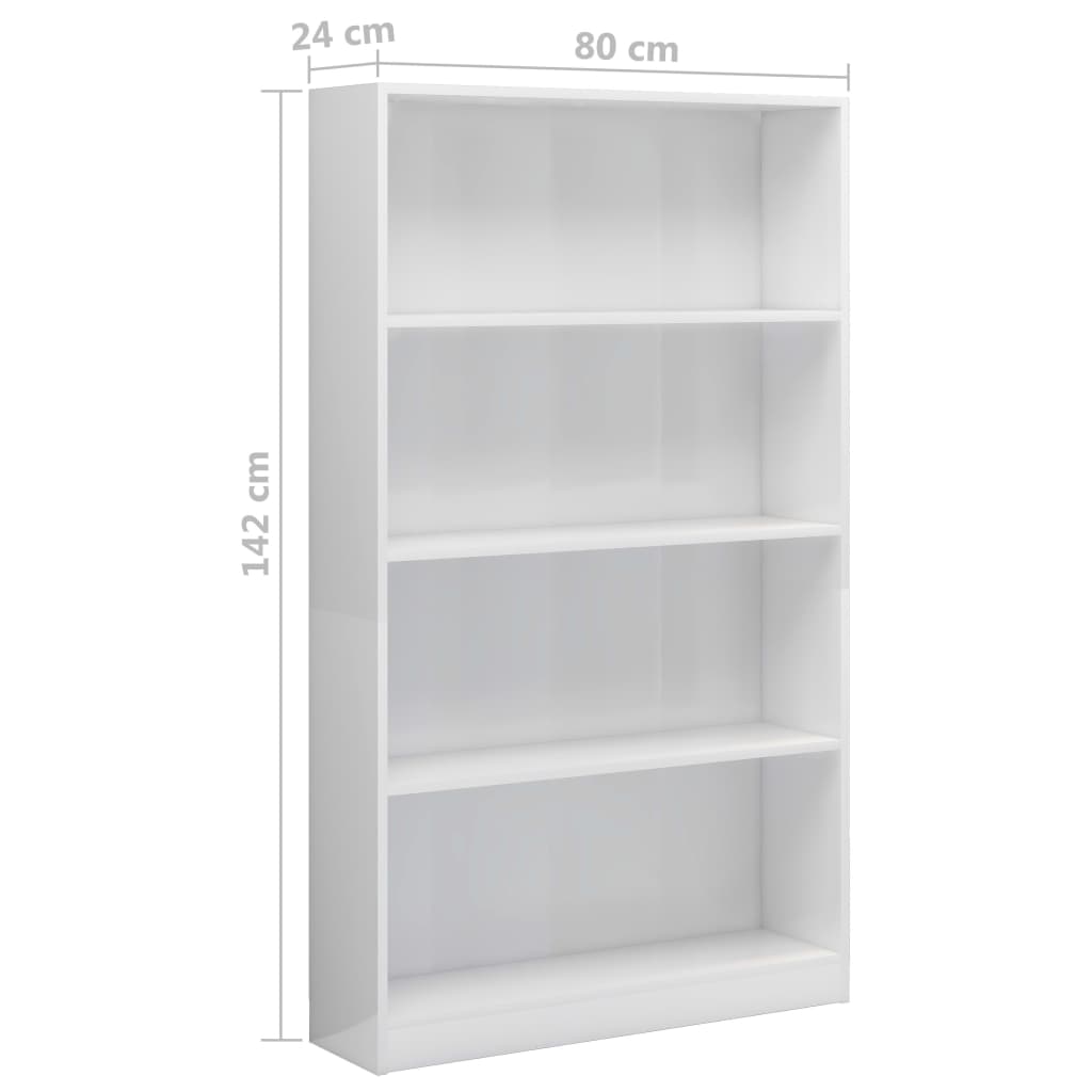Bibliotecă 4 rafturi, alb lucios, 80x24x142 cm, lemn prelucrat