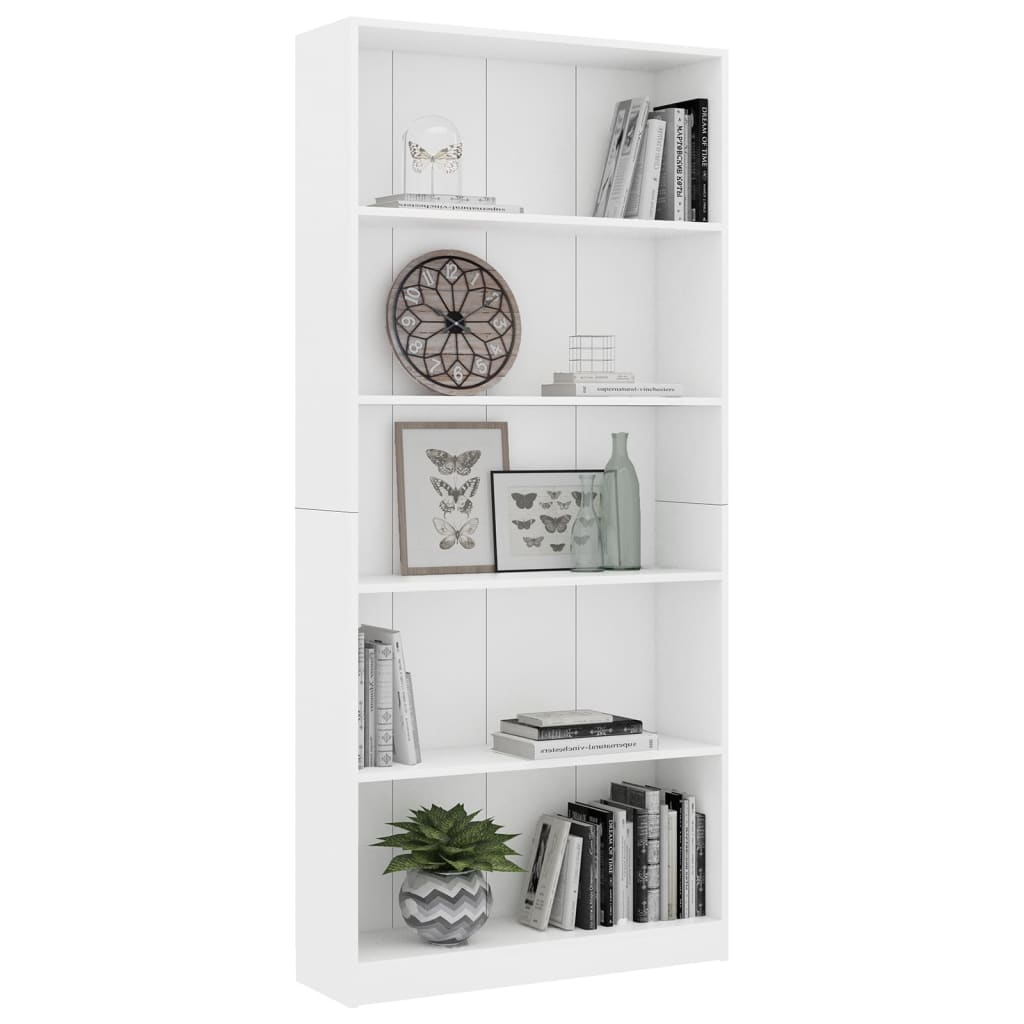 Bibliotecă cu 5 rafturi, alb, 80x24x175 cm, lemn prelucrat