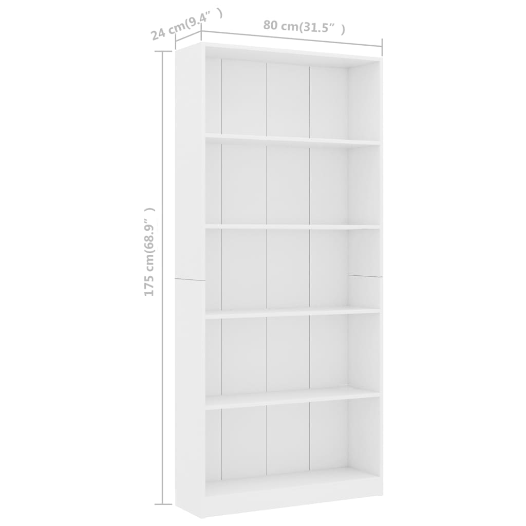 Bibliotecă cu 5 rafturi, alb, 80x24x175 cm, lemn prelucrat