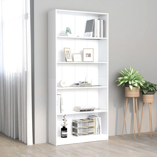 Bibliotecă cu 5 rafturi, alb, 80x24x175 cm, lemn prelucrat
