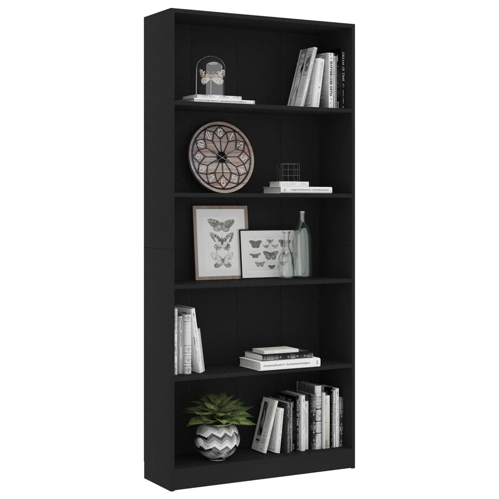 Bookcase with 5 shelves, black, 80x24x175 cm, chipboard
