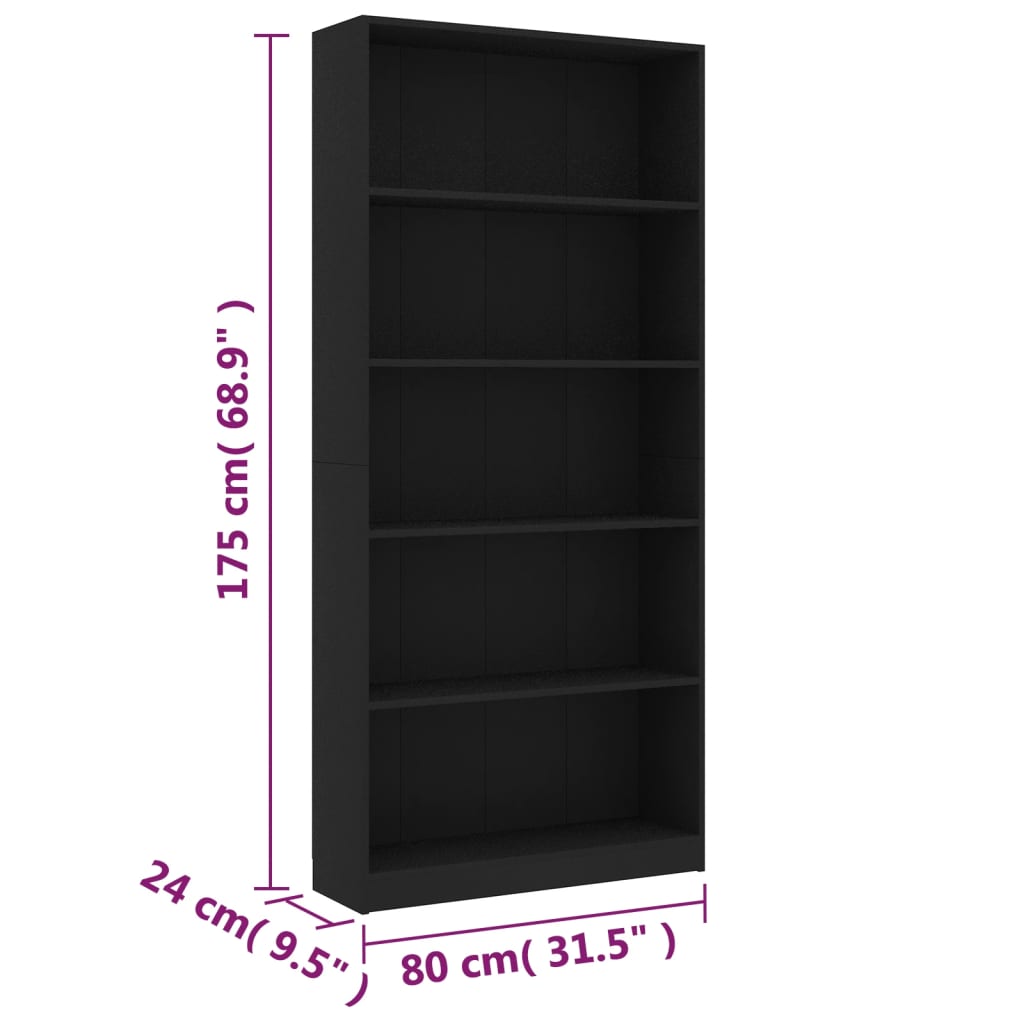 Bookcase with 5 shelves, black, 80x24x175 cm, chipboard