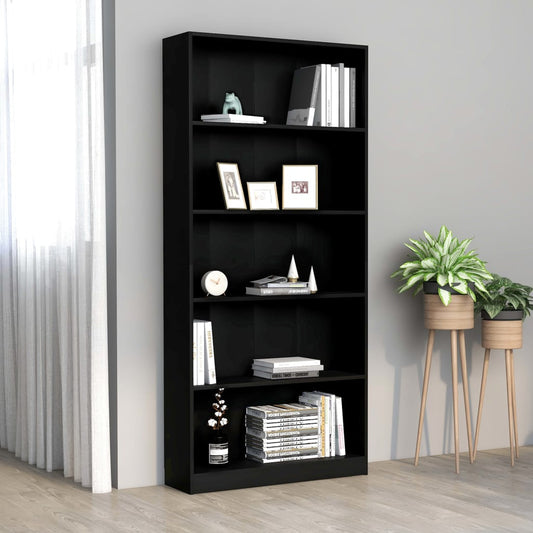 Bibliotecă cu 5 rafturi, negru, 80x24x175 cm, lemn prelucrat