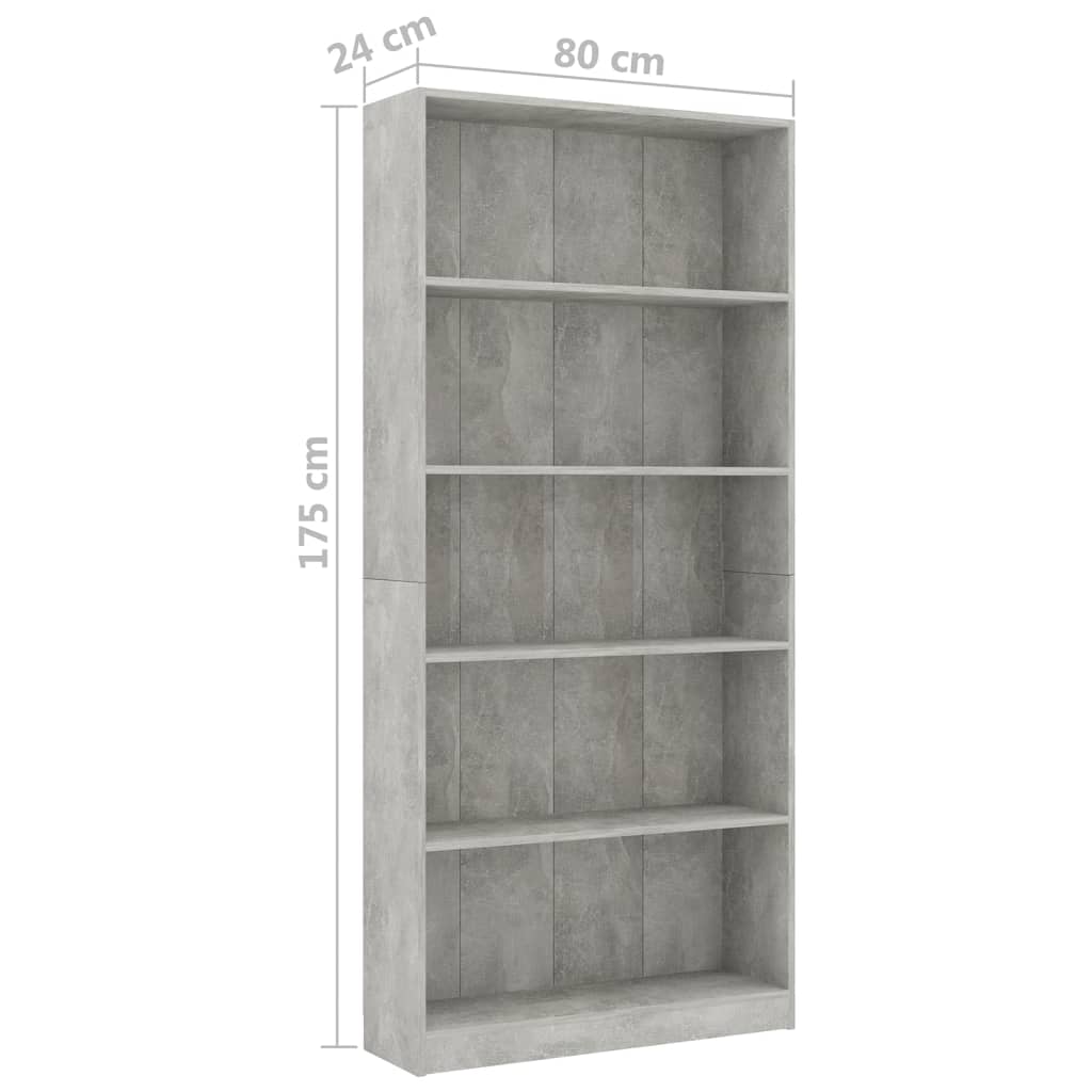 Bookcase with 5 shelves, concrete grey, 80 x 24 x 175 cm, chipboard