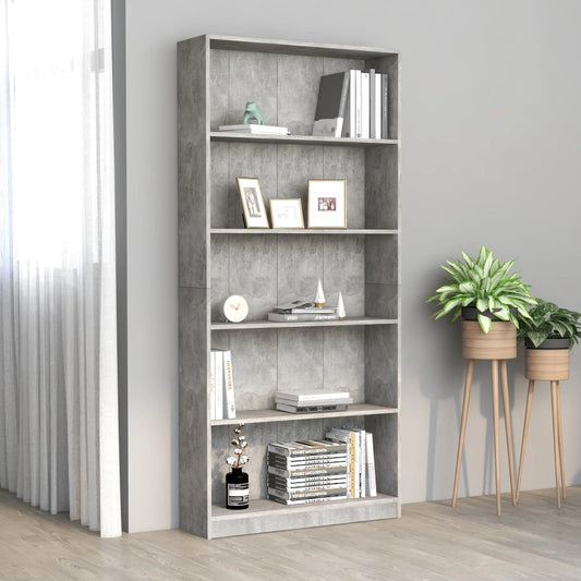 Bibliotecă cu 5 rafturi gri beton, 80x24x175 cm, lemn prelucrat