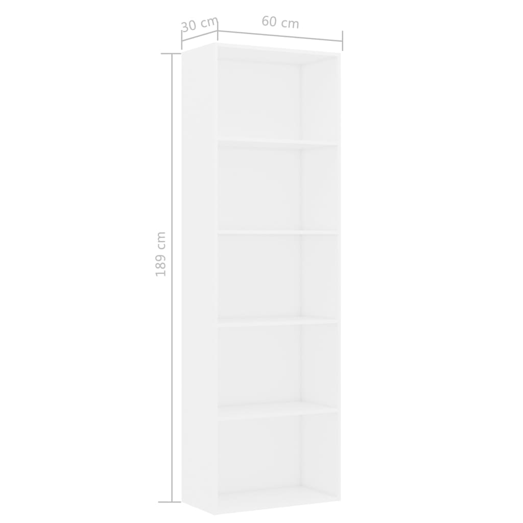 Bookcase with 5 shelves, white, 60x30x189 cm, chipboard