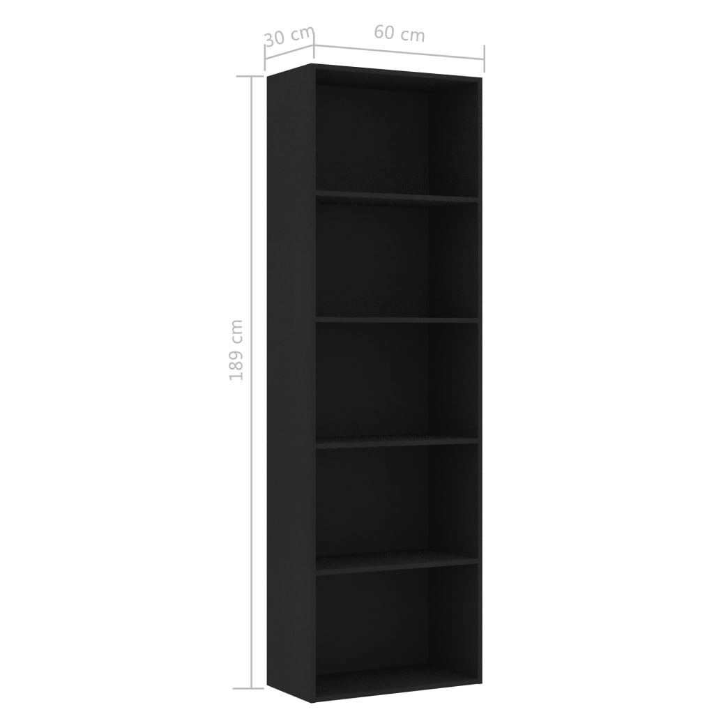 Bibliotecă cu 5 rafturi, negru, 60x30x189 cm, lemn prelucrat