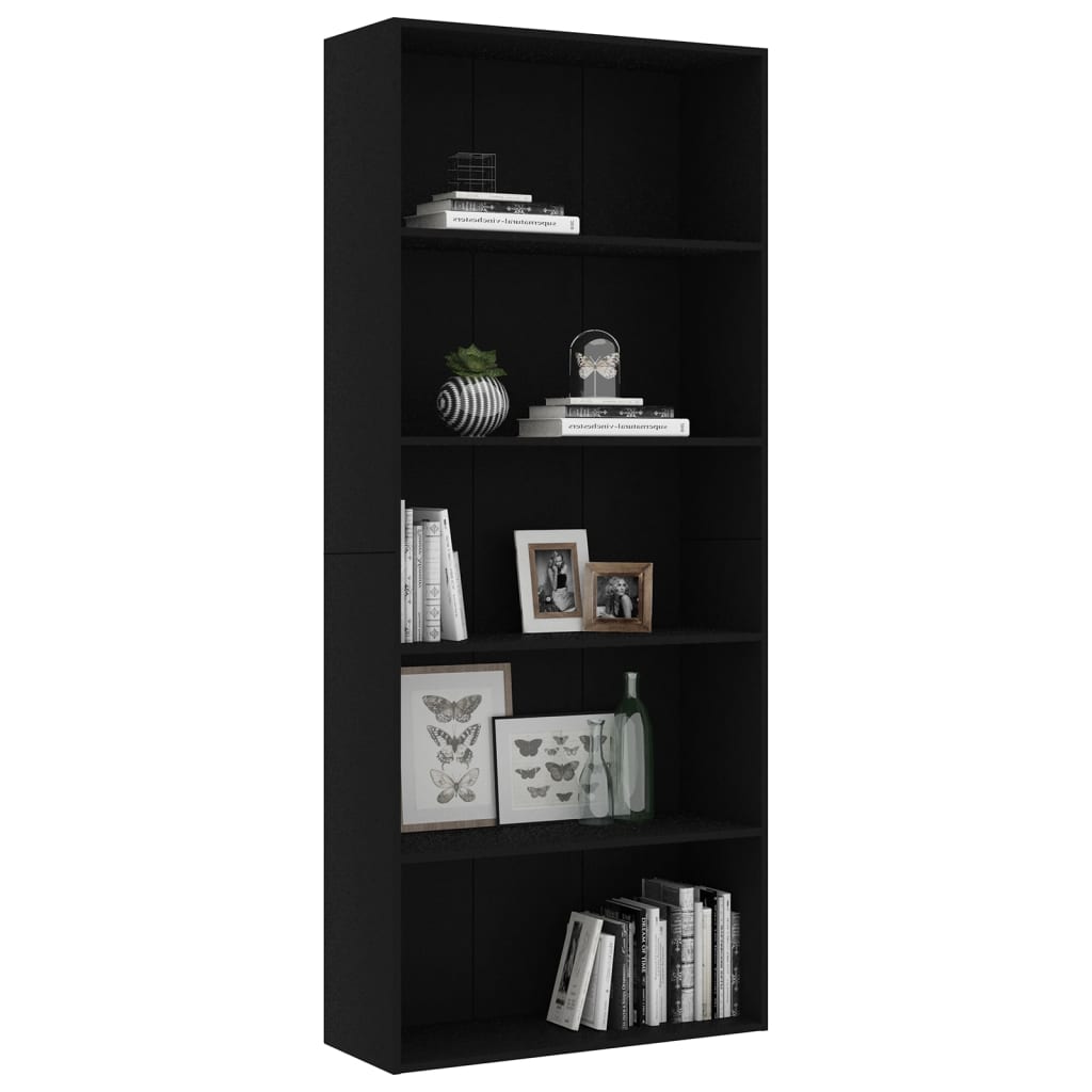 Bibliotecă cu 5 rafturi, negru, 80x30x189 cm, lemn prelucrat