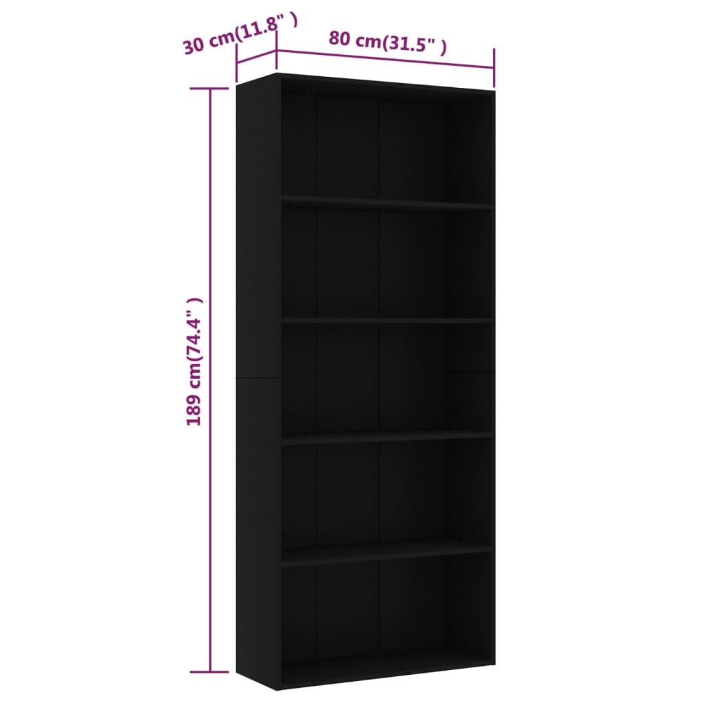 Bibliotecă cu 5 rafturi, negru, 80x30x189 cm, lemn prelucrat