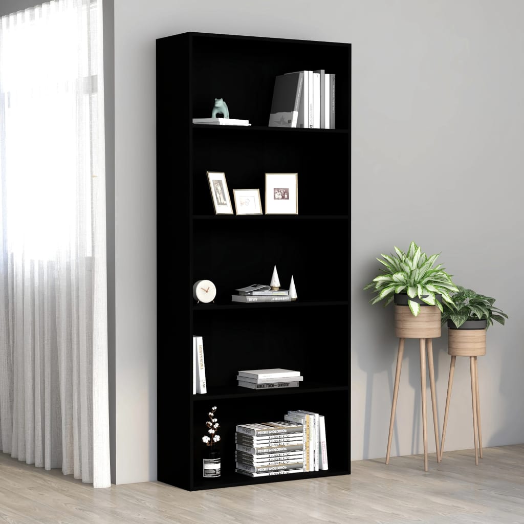 Bibliotecă cu 5 rafturi, negru, 80x30x189 cm, lemn prelucrat