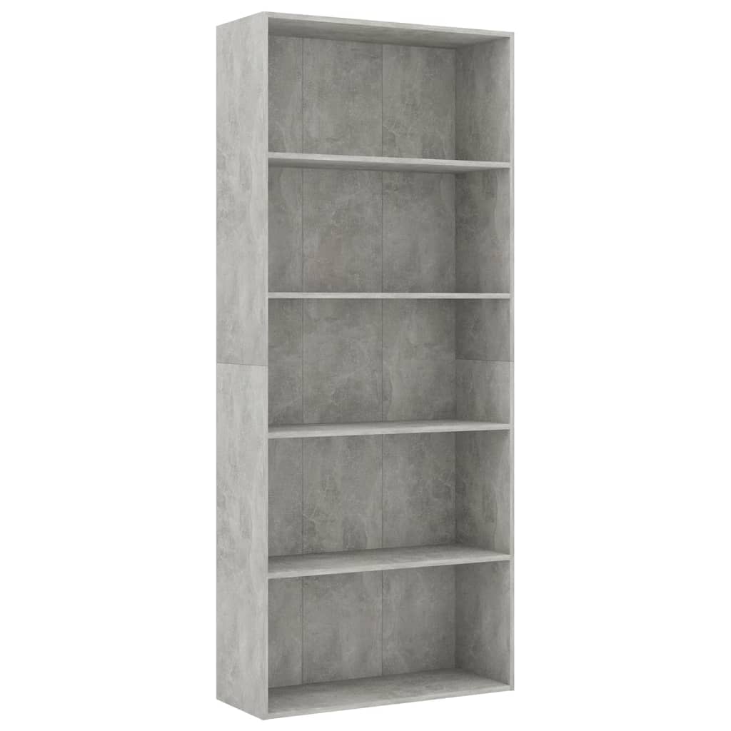 Bibliotecă cu 5 rafturi gri beton, 80x30x189 cm, lemn prelucrat