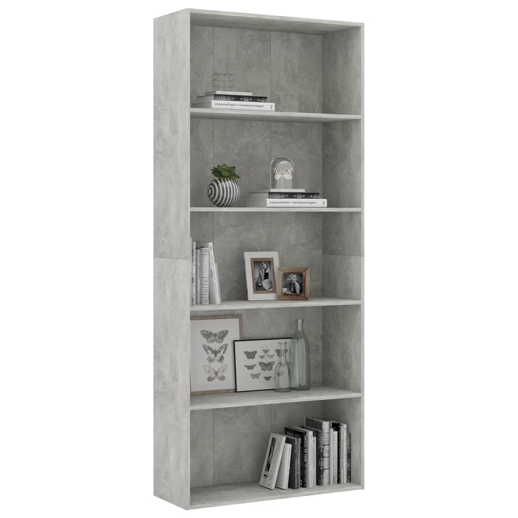 Bibliotecă cu 5 rafturi gri beton, 80x30x189 cm, lemn prelucrat
