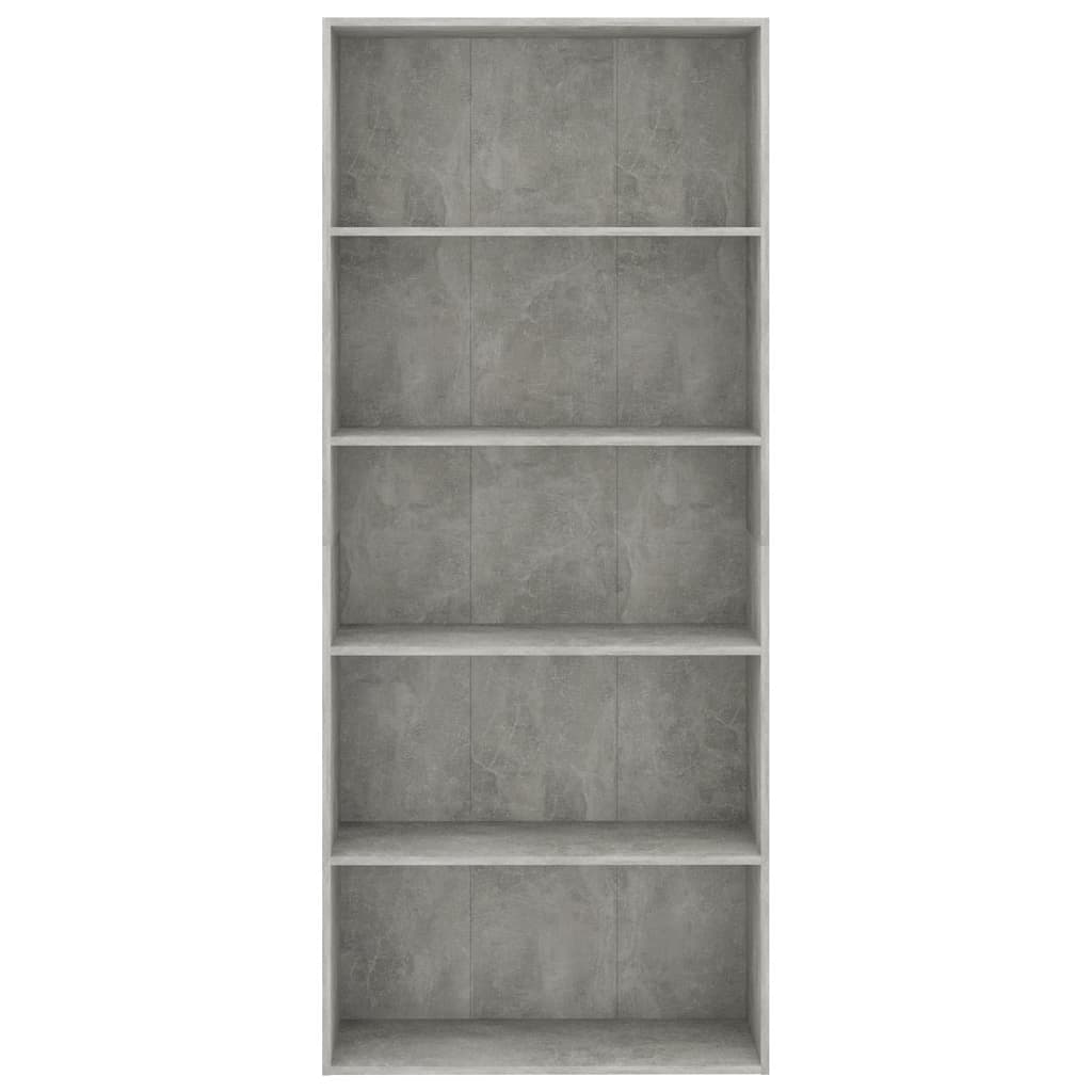Bibliotecă cu 5 rafturi gri beton, 80x30x189 cm, lemn prelucrat