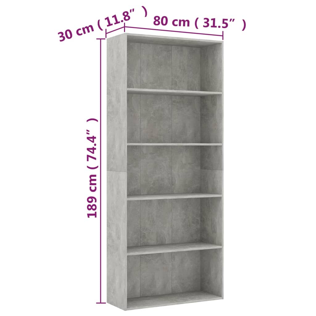Bibliotecă cu 5 rafturi gri beton, 80x30x189 cm, lemn prelucrat