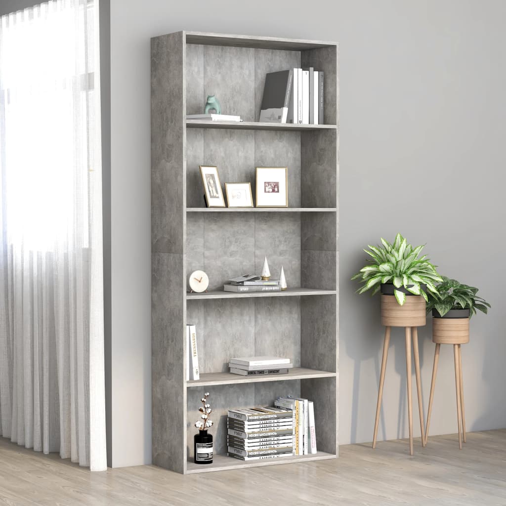 Bibliotecă cu 5 rafturi gri beton, 80x30x189 cm, lemn prelucrat