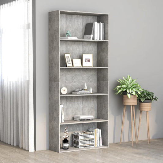 Bibliotecă cu 5 rafturi gri beton, 80x30x189 cm, lemn prelucrat