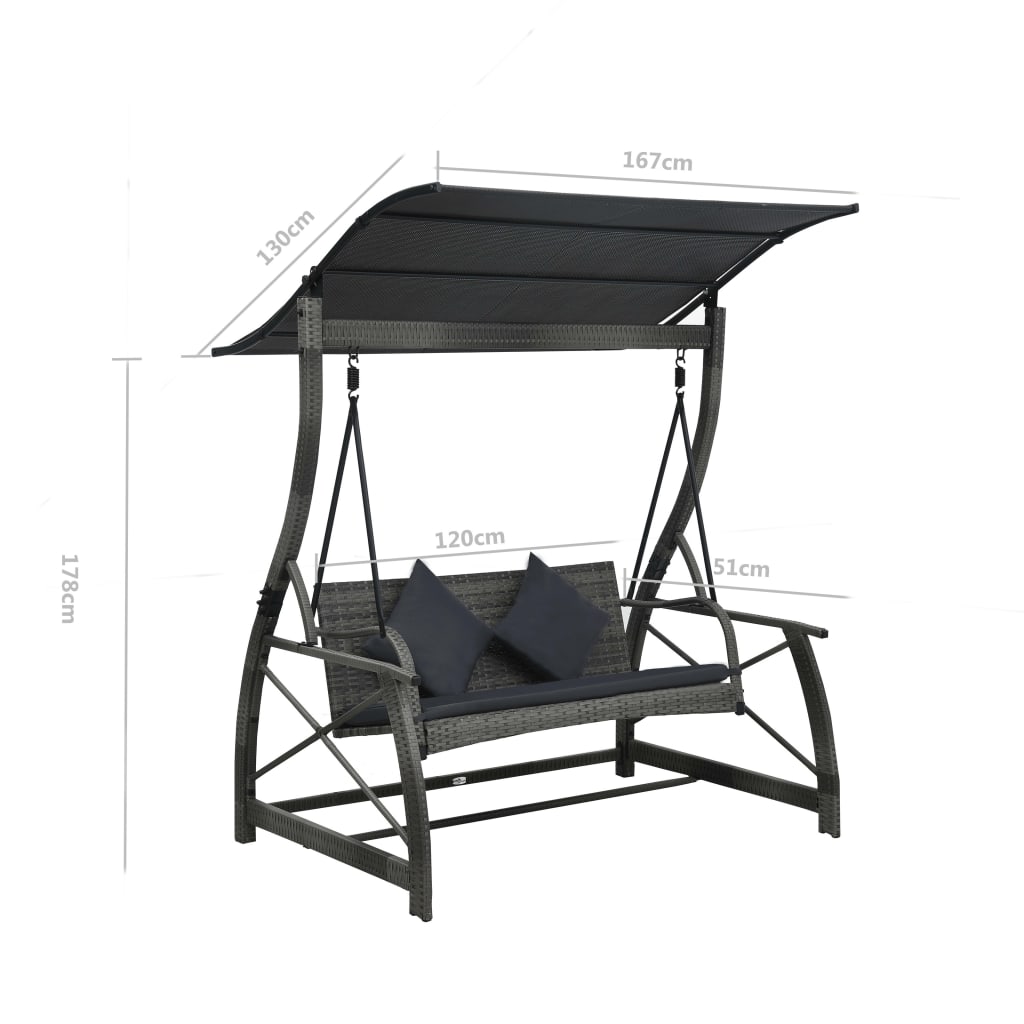 3-seater garden swing with canopy, gray, polyrattan